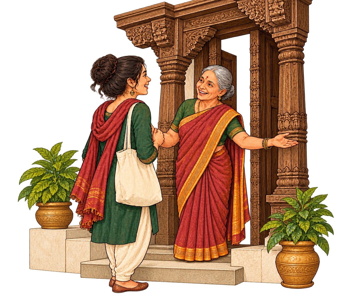 Illustration of Aaji welcoming a young visitor back at her wada door